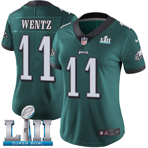 Women's Philadelphia Eagles #11 Carson Wentz Green Super Bowl LII Bound Patch Game Event Stitched NFL Jersey